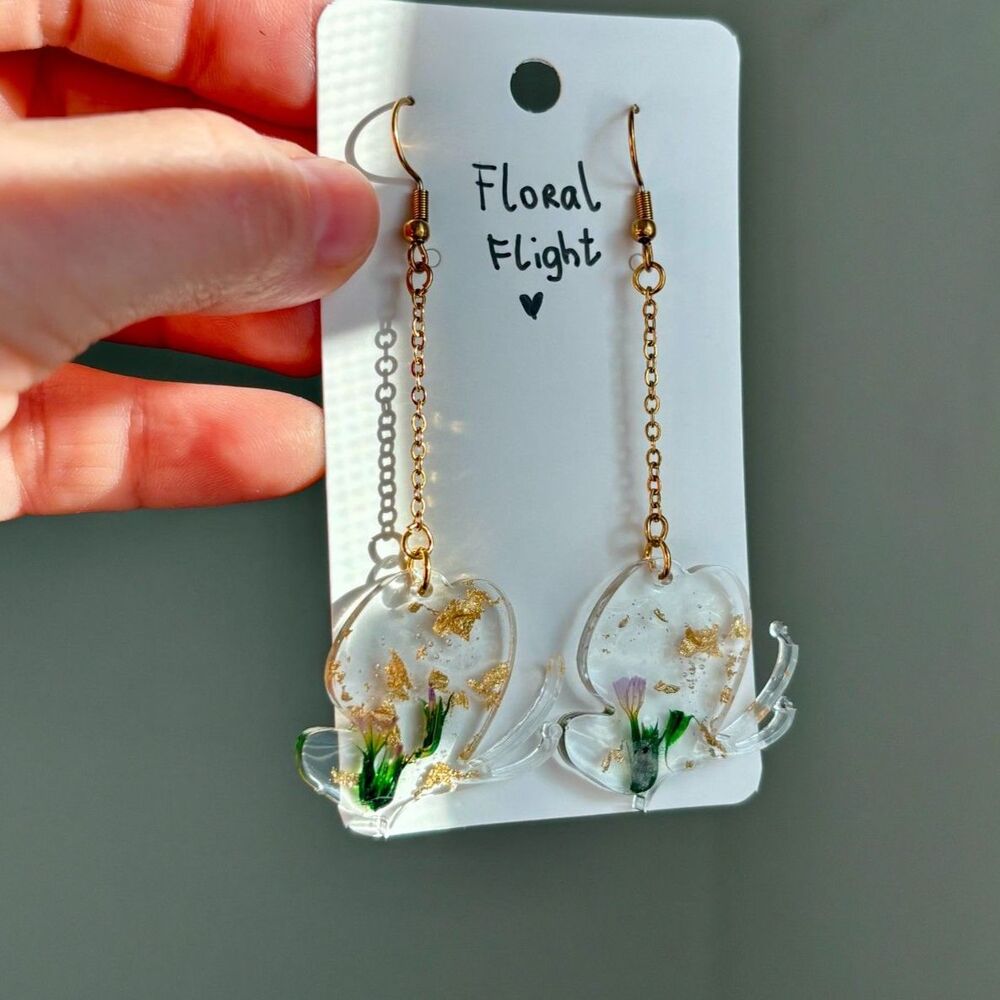 Butterfly Flower Earrings with Real Dried Flowers and Gold Flakes